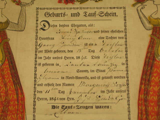 1842 Pennsylvania German Birth Baptism Fraktur 2