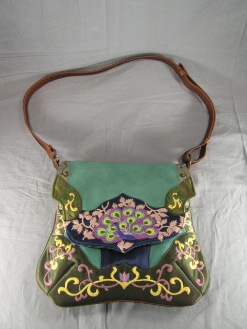 Oovoo Silk Embroidered Leather Shoulder Bag Handbag NR