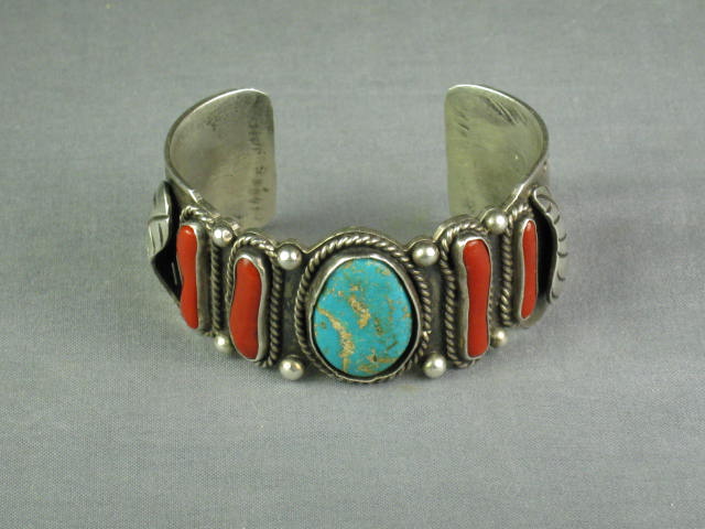 Vtg 1980s Sterling Silver Turquoise Coral Cuff Bracelet