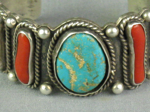Vtg 1980s Sterling Silver Turquoise Coral Cuff Bracelet 1