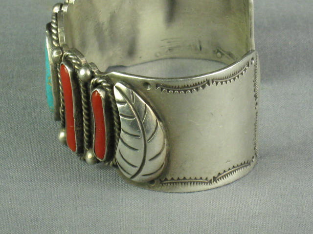 Vtg 1980s Sterling Silver Turquoise Coral Cuff Bracelet 2