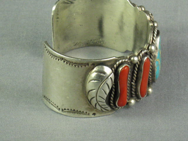Vtg 1980s Sterling Silver Turquoise Coral Cuff Bracelet 3