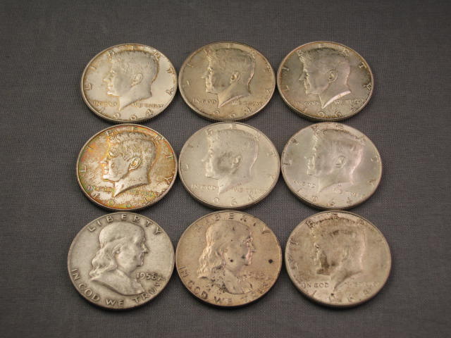 9 Silver Half Dollars Franklin 1958 1963 Kennedy 1964