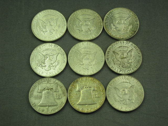 9 Silver Half Dollars Franklin 1958 1963 Kennedy 1964 1