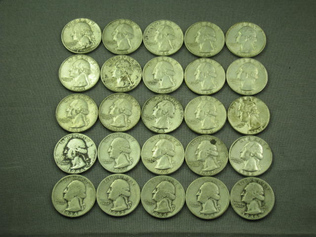 25 Vtg Pre-1964 Washington Silver Quarter Coin Lot NR!