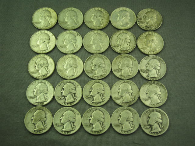 25 Vtg Pre-1964 Washington Silver Quarter Coin Lot Collection