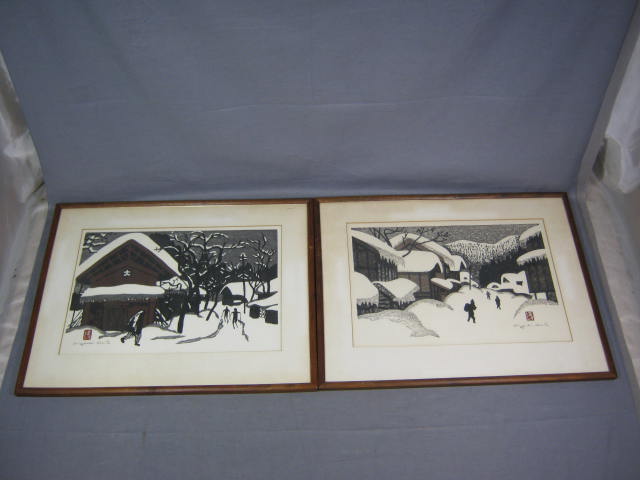 2 Kiyoshi Saito Japanese Winter Woodblock Prints Signed