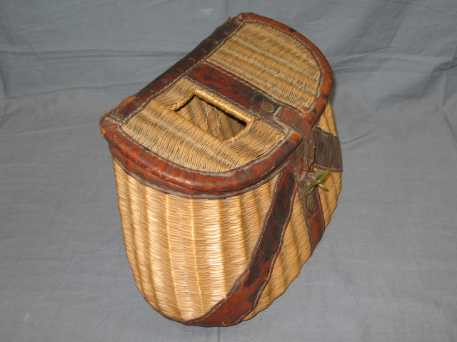 Antique Leather + Wicker Fishing Fish Creel Basket NR 1