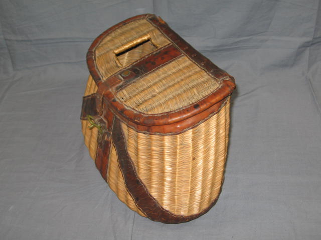 Antique Leather + Wicker Fishing Fish Creel Basket NR 2
