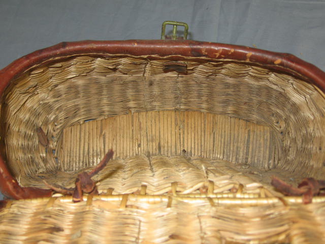 Antique Leather + Wicker Fishing Fish Creel Basket NR 10