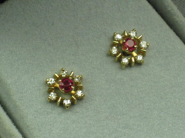 Ladies Vtg Diamond Ruby 14K Yellow Gold Earrings NR! 1