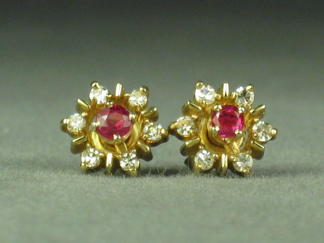 Ladies Vtg Diamond Ruby 14K Yellow Gold Earrings NR! 2