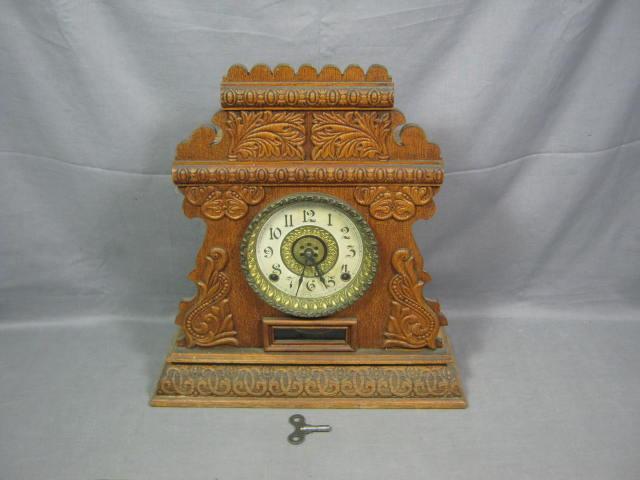 Antique Ingraham Wooden 8 Day Mantle Mantel Shelf Clock