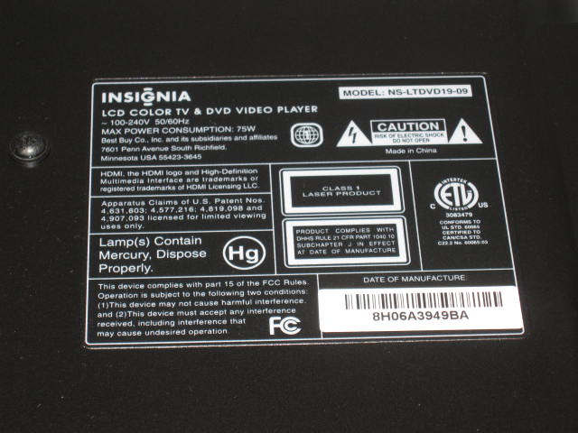 Insignia NS-LTDVD19 19" LCD HD TV DVD Player Combo NR! 8