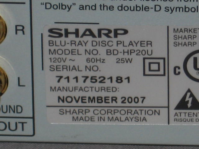 Sharp AQUOS BD-HP20U 1080p Blu-Ray Disc DVD Player NR 11