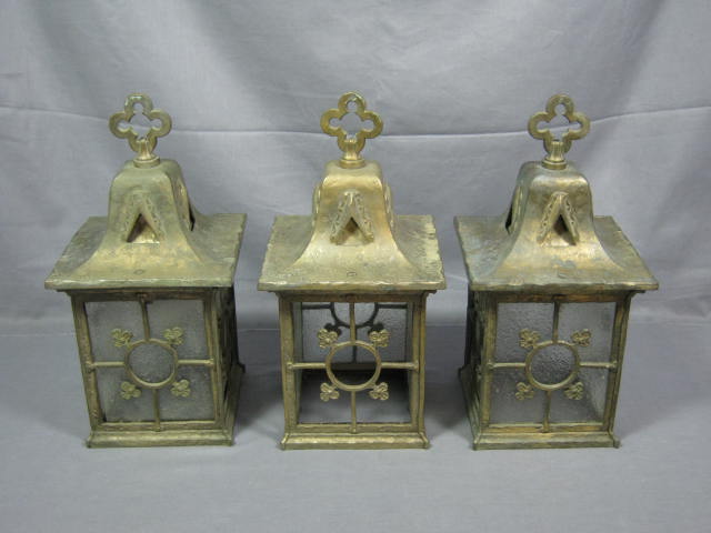 3 Metal Lantern Light Fixtures Lot Brass Glass Church