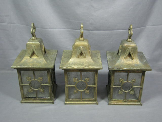 3 Metal Lantern Light Fixtures Lot Brass Glass Church 1