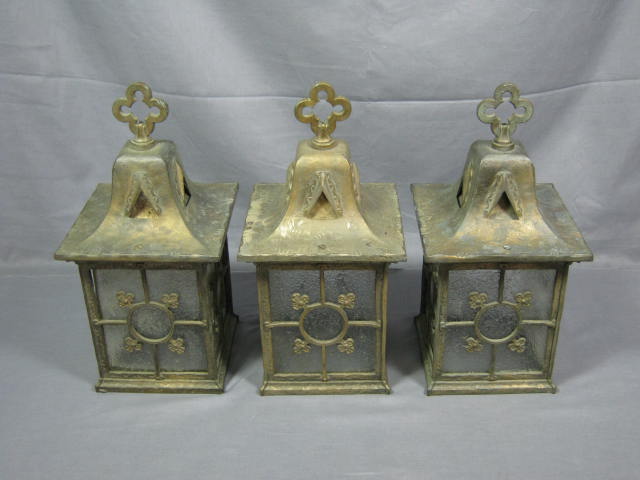 3 Metal Lantern Light Fixtures Lot Brass Glass Church 2