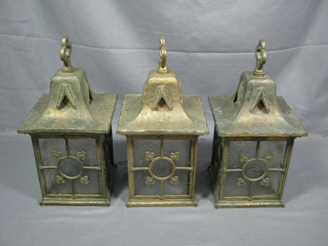 3 Metal Lantern Light Fixtures Lot Brass Glass Church 3