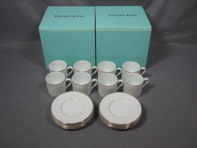 8 Tiffany & Co Demitasse Coffee Tea Cups & Saucers Gold