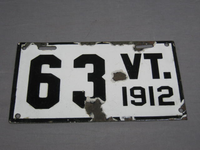 Original Antique 1912 Vermont State Porcelain Enamel License Plate Tag Low #63