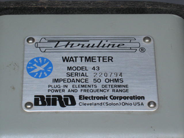 Bird Thruline Model 43 RF Directional Wattmeter W/ 5W 400-1000 MHz Slug Element 2