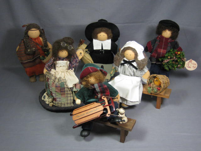 6 Vintage Lizzie High Wooden Dolls Lot Thanksgiving Christmas Martin Bowman + NR