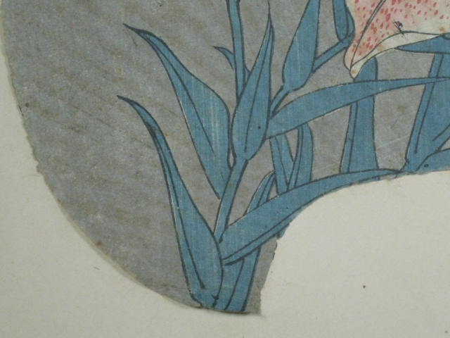 Antique Vintage Hiroshige Japanese Woodblock Fan Lily Flower Art Print Original 5