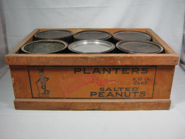 Vtg Planters Pennant Salted Nuts Mr. Peanut Shipping Crate W/6 10 LB Tin Can Lot