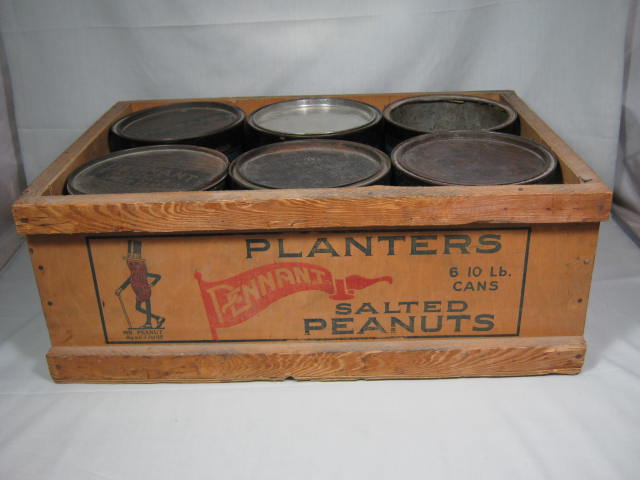 Vtg Planters Pennant Salted Nuts Mr. Peanut Shipping Crate W/6 10 LB Tin Can Lot 3