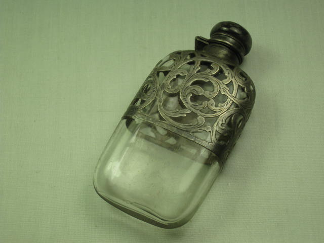 Vtg Antique Sterling Silver Overlay Glass Crystal Whiskey Flask W/Hinged Lid Top