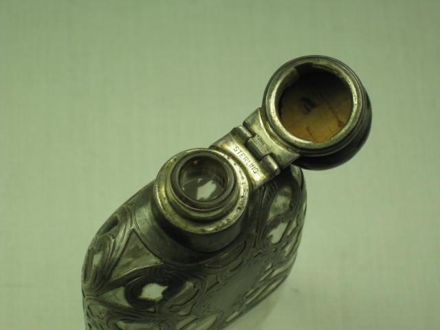 Vtg Antique Sterling Silver Overlay Glass Crystal Whiskey Flask W/Hinged Lid Top 4
