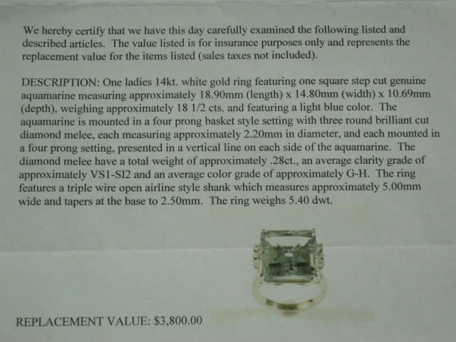 Vtg Estate 18.5ct Aquamarine .28ct Diamond 5.4 dwt 14k White Gold Ring $3800 Val 13
