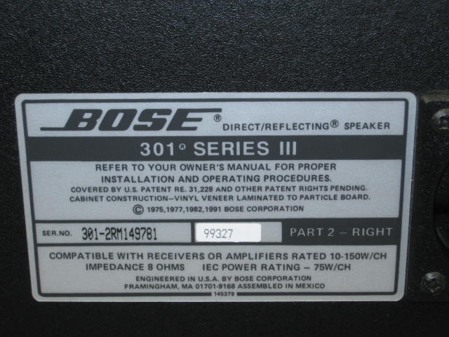 Bose 301 Series III 3 Direct Reflecting Main Stereo Bookshelf Speakers W/ Box NR 9