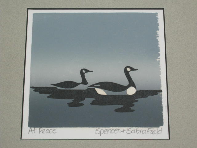 1984 Spencer & Sabra Field Woodcut Canada Geese Bird Print At Peace 4.5" x 4.5" 1