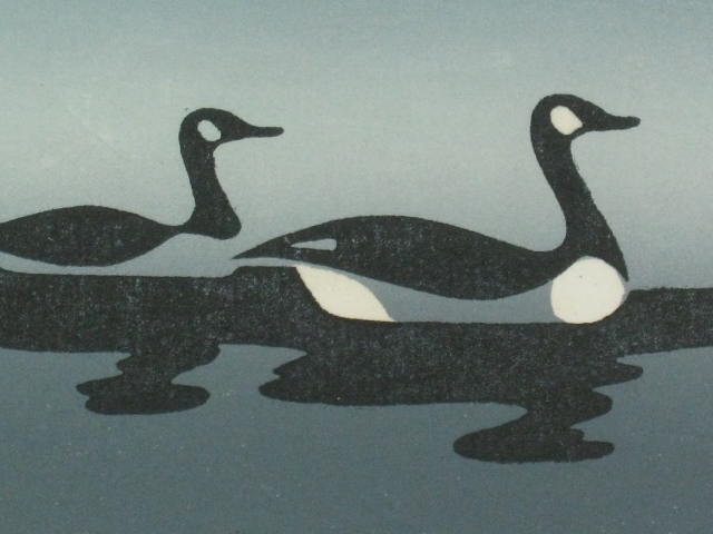 1984 Spencer & Sabra Field Woodcut Canada Geese Bird Print At Peace 4.5" x 4.5" 2