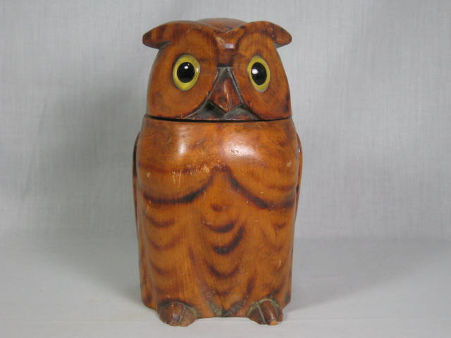 Vintage Antique Hand Carved Wooden Wood Owl Bird Tobacco Humidor Glass Eyes NR!