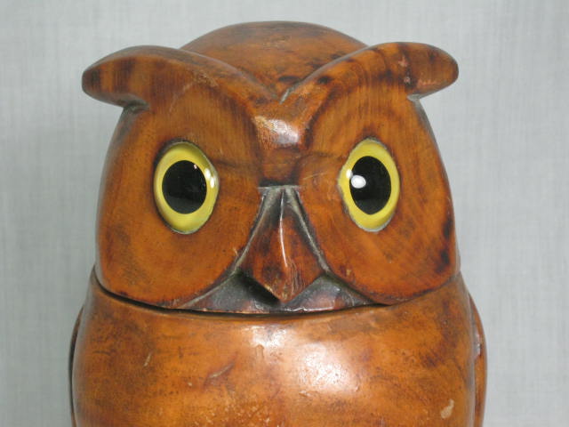 Vintage Antique Hand Carved Wooden Wood Owl Bird Tobacco Humidor Glass Eyes NR! 1