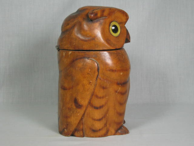 Vintage Antique Hand Carved Wooden Wood Owl Bird Tobacco Humidor Glass Eyes NR! 4