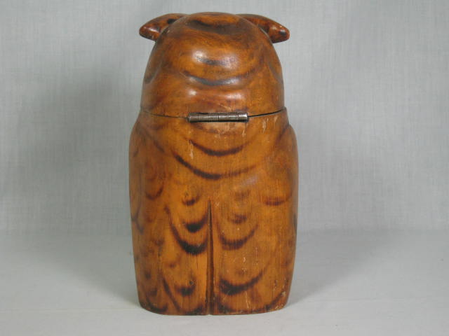 Vintage Antique Hand Carved Wooden Wood Owl Bird Tobacco Humidor Glass Eyes NR! 5