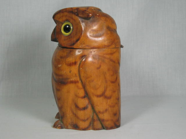 Vintage Antique Hand Carved Wooden Wood Owl Bird Tobacco Humidor Glass Eyes NR! 6