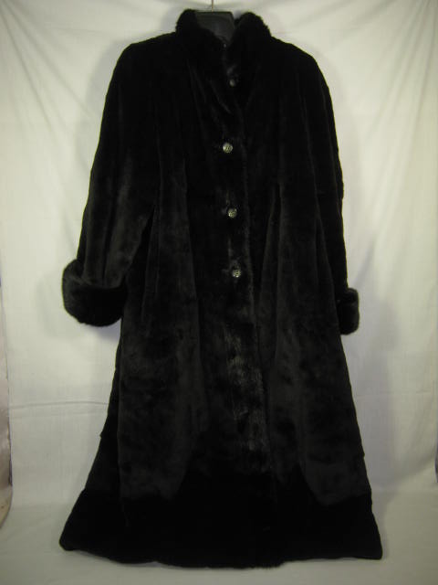 Womens Full Length Black Leather Sheared Beaver Coat W/ Mink Fur Trim L Large NR