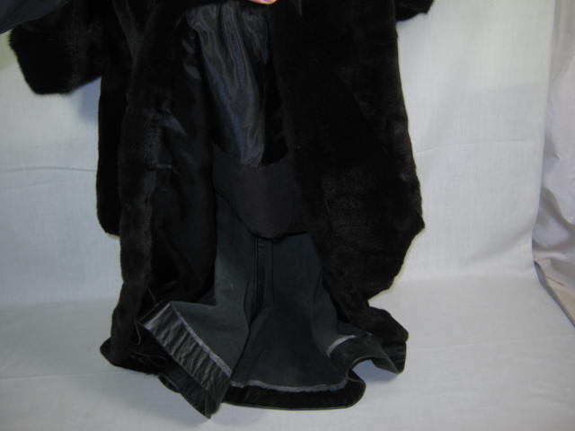 Womens Full Length Black Leather Sheared Beaver Coat W/ Mink Fur Trim L Large NR 2