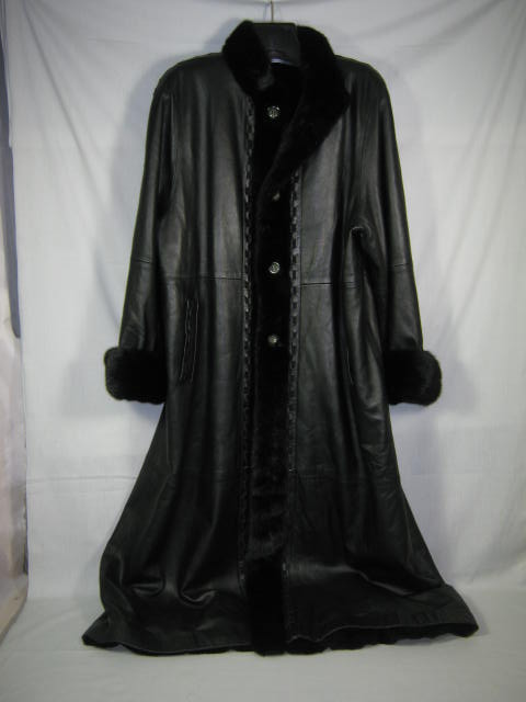 Womens Full Length Black Leather Sheared Beaver Coat W/ Mink Fur Trim L Large NR 3