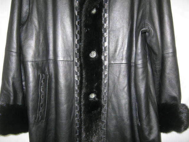 Womens Full Length Black Leather Sheared Beaver Coat W/ Mink Fur Trim L Large NR 4