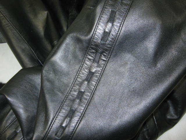 Womens Full Length Black Leather Sheared Beaver Coat W/ Mink Fur Trim L Large NR 5