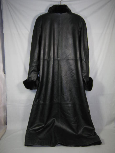 Womens Full Length Black Leather Sheared Beaver Coat W/ Mink Fur Trim L Large NR 6