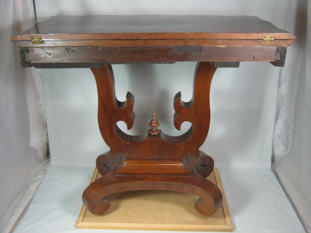 Antique Circa 1850 Empire Walnut Card Game Table Lyre Base Folding Swivel Top 7