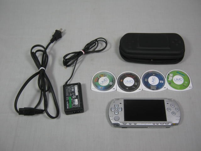 Silver Sony PSP 2001 Portable Handheld Console System +Charger Case Games UMD NR