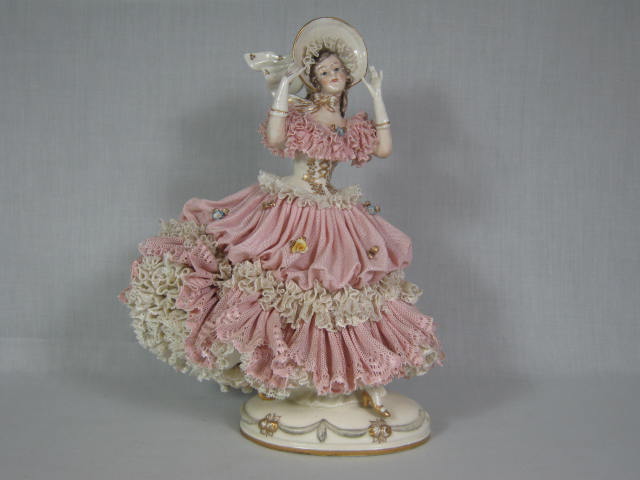 Antique German Porcelain Lace 10" Woman Lady Gilt 1875 Figurine Crown Mark NR!